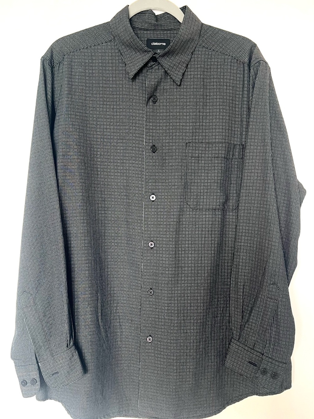 Claiborne Men’s L Micro Check Grid Rayon Blend Button Down Shirt Black Gray